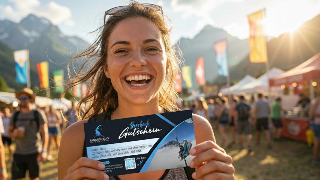 Junge Frau auf einem Festival hält lächelnd einen Tandemflug-Pilatus-Geschenkgutschein in die Kamera, im Hintergrund Lichterketten und Feststimmung.